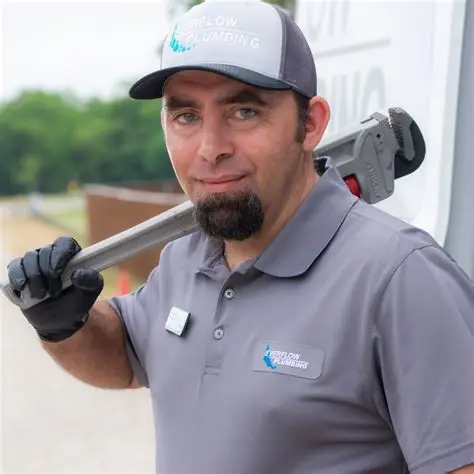 Licensed Everflow Plumbing technician in branded uniform with pipe wrench — Royse City & Rockwall