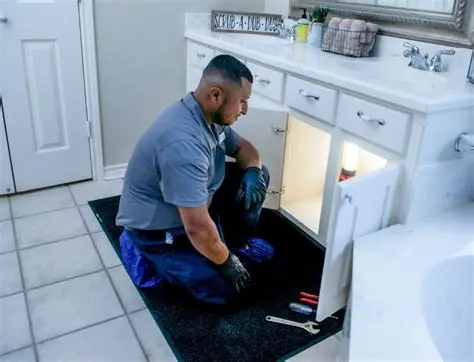 Everflow plumber servicing bathroom plumbing under a vanity with boot covers and floor protection